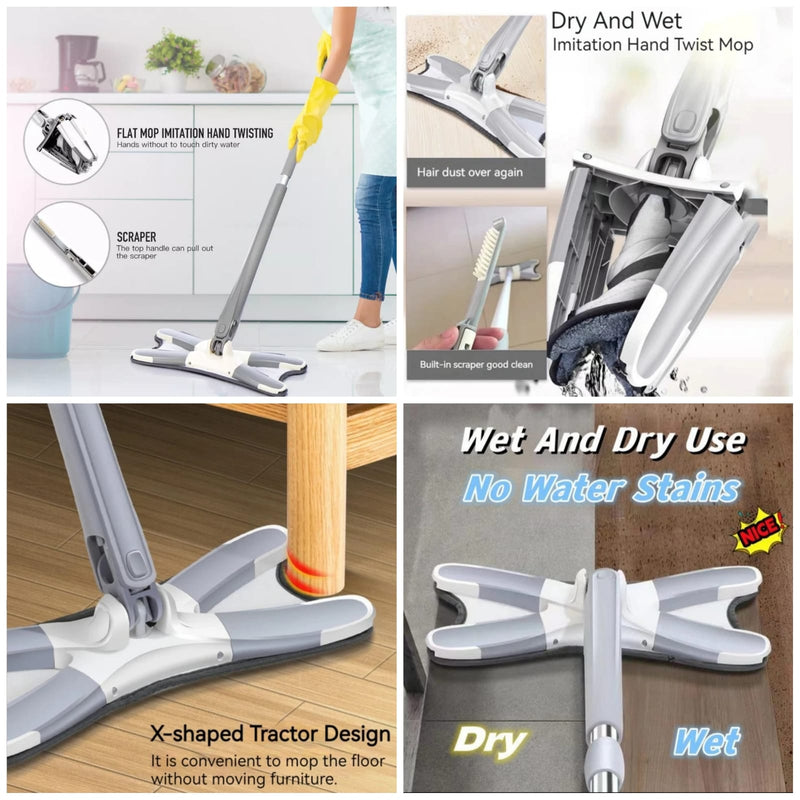 X-Type Microfiber Floor Cleaning mop Home, Hand-Free Wash Self Wringing Flat Mop, 360 Degree Dry/Wet Mop for Home Kitchen Multicolor - AABA MALL