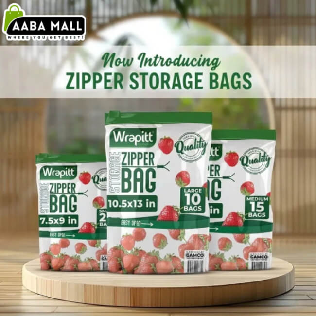 Three packages of Wrapitt zipper bags on a wooden stand with a blurred background