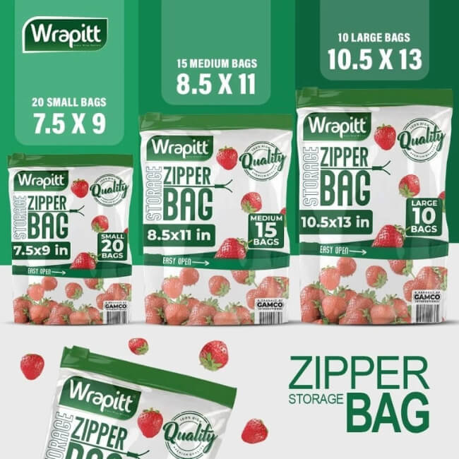 Promotional image of Wrapitt zipper bags in various sizes with branding and product details.