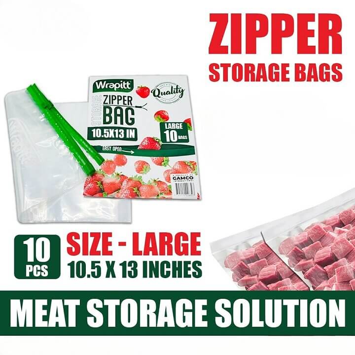 Wrapitt zipper storage bags with packaging and meat storage solution text on a white background