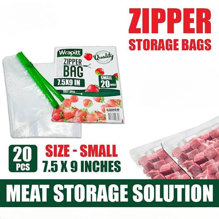 Wrapitt zipper storage bags with packaging and meat storage solution text on a white background