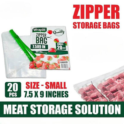 Wrapitt zipper storage bags with packaging and meat storage solution text on a white background