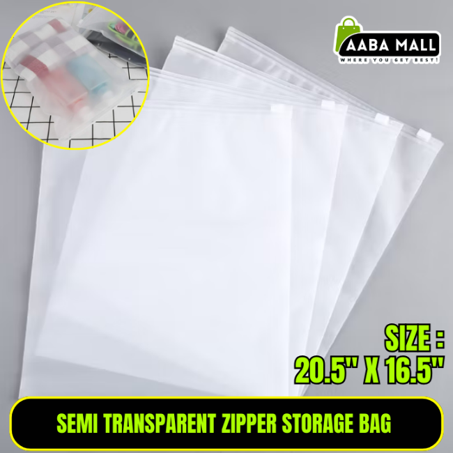 Close-up of a semi-transparent, thickened plastic zipper storage bag filled with folded sweaters, showing the smooth zipper and dustproof material in a closet.