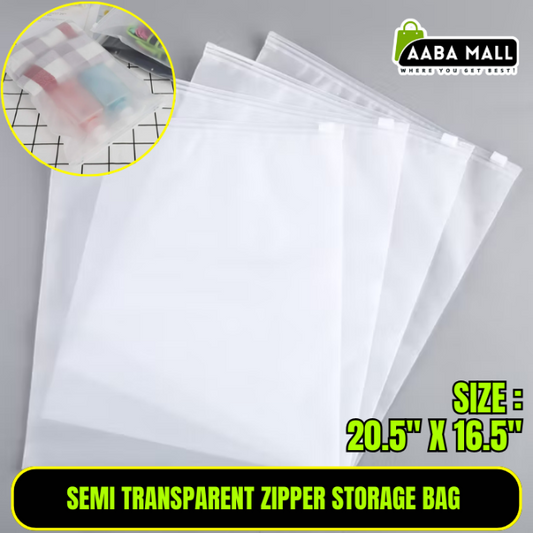 Close-up of a semi-transparent, thickened plastic zipper storage bag filled with folded sweaters, showing the smooth zipper and dustproof material in a closet.