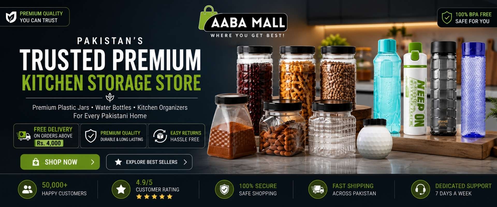 AABA MALL premium home organization banner featuring BPA-free plastic jars, kitchen organizers, reusable water bottles and everyday essentials in Pakistan.