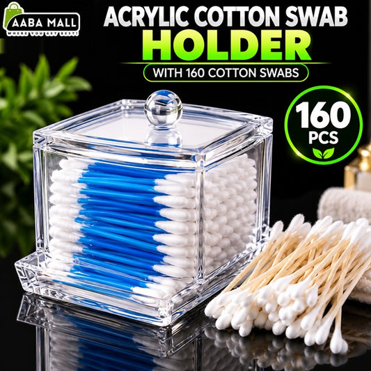Clear acrylic cotton swab storage box with lid and knob, filled with 160 cotton buds for bathroom organization, makeup touch-ups, skincare and daily personal care – AABA MALL Pakistan