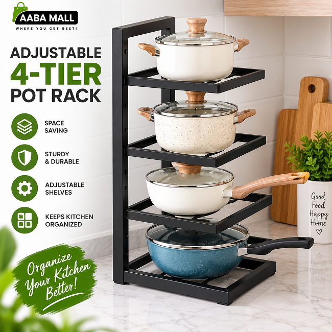 Adjustable 4 tier black stainless steel pot rack for organized kitchen cookware storage