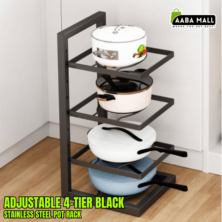 Adjustable 4 tier black stainless steel pot rack for organized kitchen cookware storage
