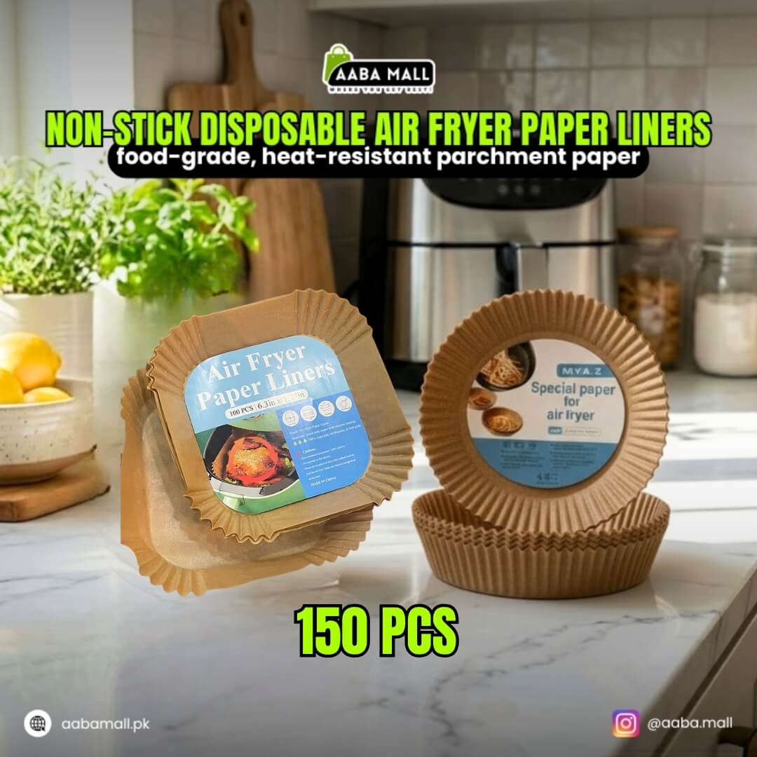 Non-stick disposable air fryer paper liners shown for convenient cooking and easy cleanup
