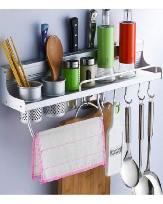 Multifunction aluminum wall hanging storage rack shelf with hooks, rustproof organizer for bathroom and kitchen