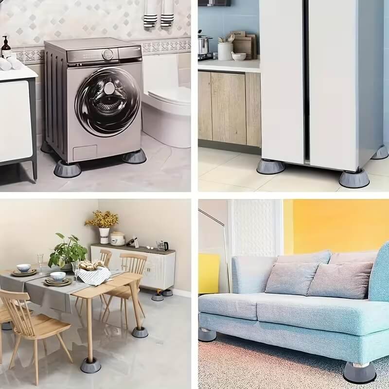 Four different scenes showing furniture with adjustable feet in various settings.
