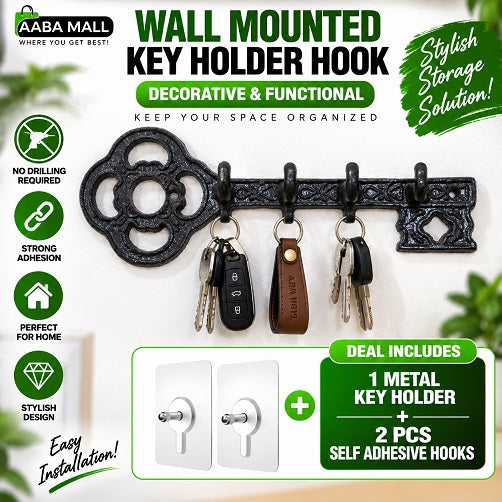 Antique wall mounted metal key holder with multiple hooks and self adhesive hooks