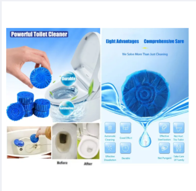 A pack of 10 blue automatic toilet cleaner and deodorizer tablets, shown next to a toilet tank demonstrating the blue water effect after a flush.