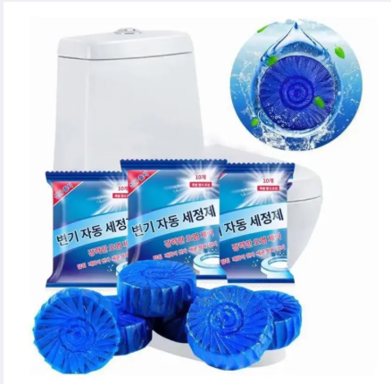 A pack of 10 blue automatic toilet cleaner and deodorizer tablets, shown next to a toilet tank demonstrating the blue water effect after a flush.