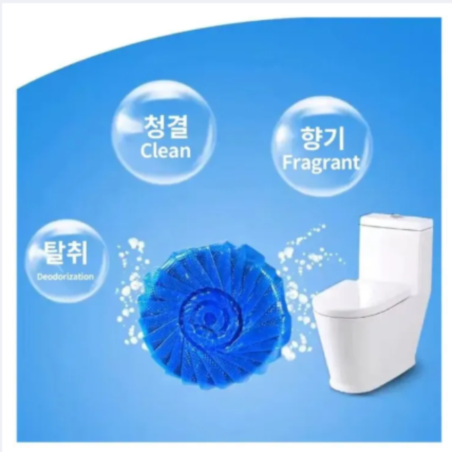 A pack of 10 blue automatic toilet cleaner and deodorizer tablets, shown next to a toilet tank demonstrating the blue water effect after a flush.