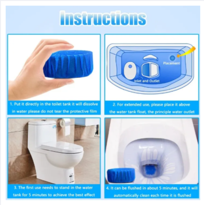 A pack of 10 blue automatic toilet cleaner and deodorizer tablets, shown next to a toilet tank demonstrating the blue water effect after a flush.