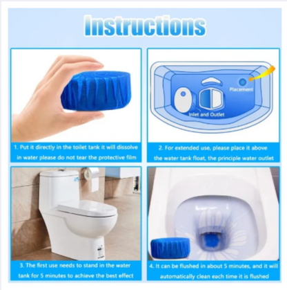 A pack of 10 blue automatic toilet cleaner and deodorizer tablets, shown next to a toilet tank demonstrating the blue water effect after a flush.