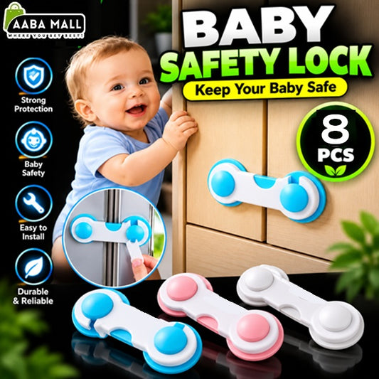Pack of 8 baby safety locks in blue, pink and white for securing cabinets, drawers and refrigerator doors, with adhesive installation design – AABA MALL Pakistan