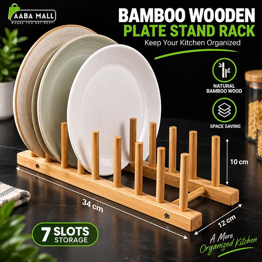 Bamboo wooden plate stand rack with 7 slots for organizing plates, bowls, lids and kitchen dishes