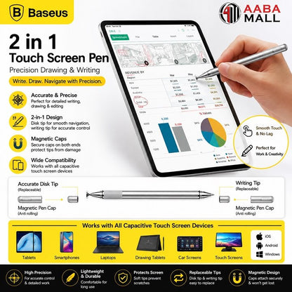 BASEUS Universal 2-in-1 Stylus Pen for iPad, Tablet & Phone | Precision Touch Screen Drawing & Writing | AABAMALL.PK