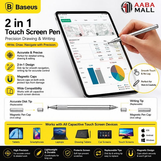 BASEUS Universal 2-in-1 Stylus Pen for iPad, Tablet & Phone | Precision Touch Screen Drawing & Writing | AABAMALL.PK