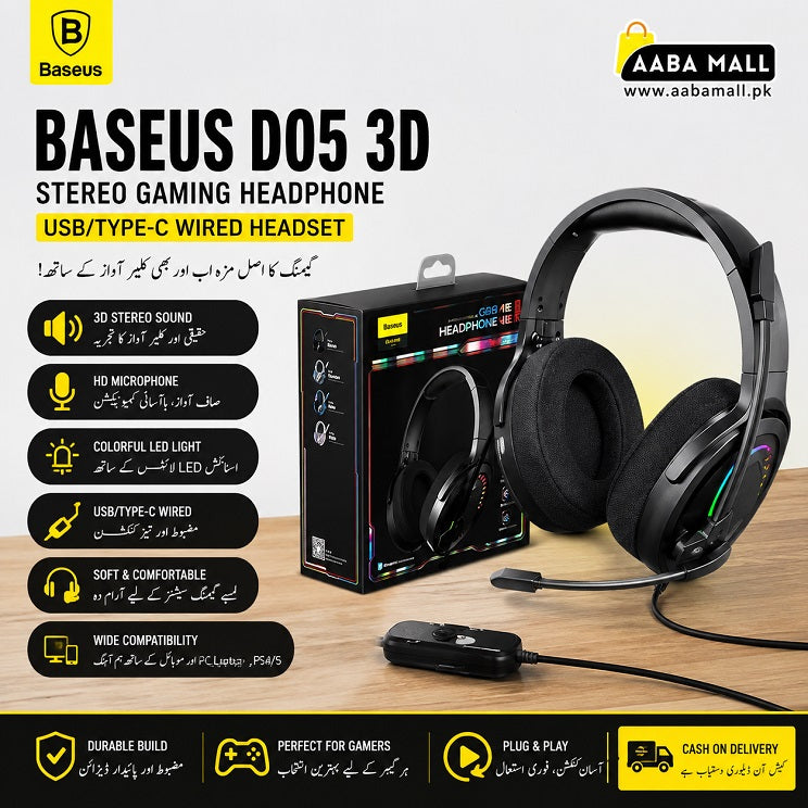 Baseus D05 3D Stereo Gaming Headset in black, shown alongside its retail packaging box and a small adapter on a wooden surface. The image features promotional text in English and Urdu, a 'Baseus' brand logo, and an 'AABA MALL' store logo in the top corners.