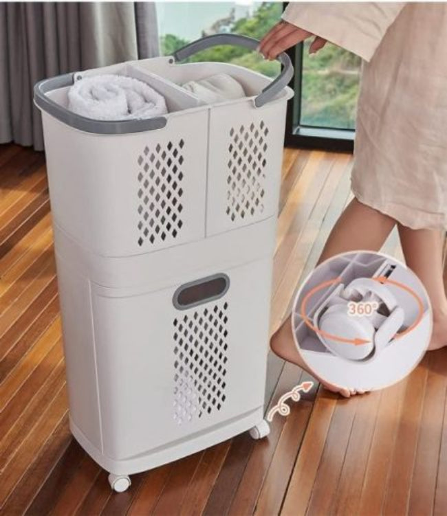 Rolling 2-tier laundry trolley with wheels, sorting clothes hamper featuring three storage baskets for whites colors delicates