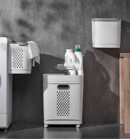 Rolling 2-tier laundry trolley with wheels, sorting clothes hamper featuring three storage baskets for whites colors delicates