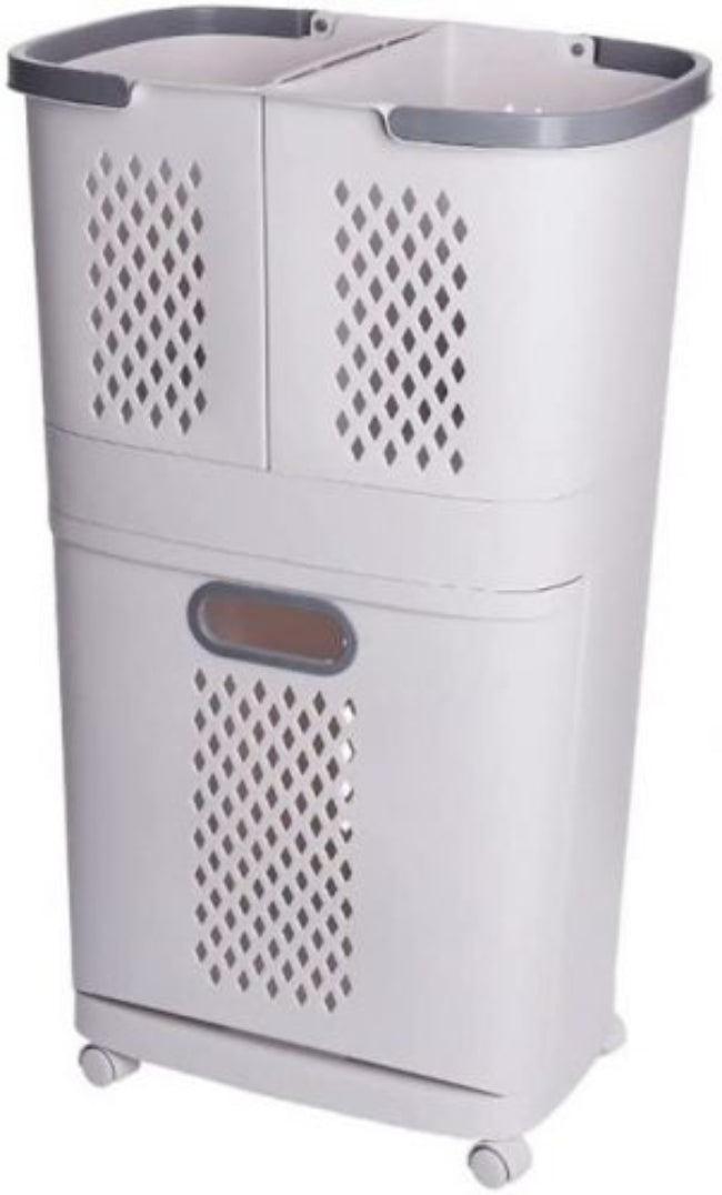 Rolling 2-tier laundry trolley with wheels, sorting clothes hamper featuring three storage baskets for whites colors delicates