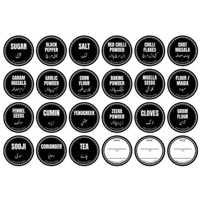 Black round labels displayed for plastic storage jars