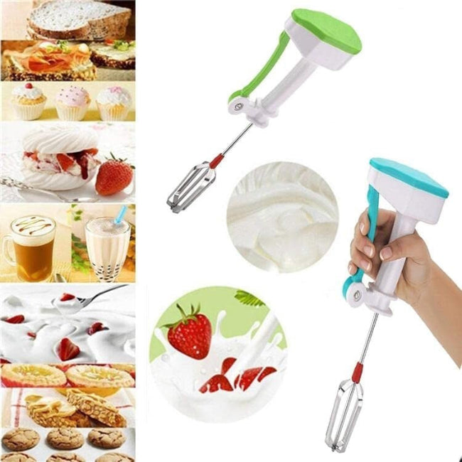 Easy flow powerless manual hand blender, stainless steel rotating whisk and egg beater tool for coffee and batter