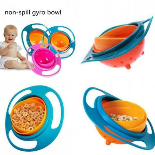 Gyro Bowl with blue ring and yellow center, shown rotating 360 degrees to prevent cereal from spilling out, illustrating the spill-proof design for a toddler.