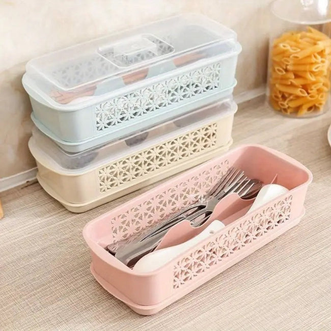 Stackable plastic utensil organizer box with clear lid, moisture-proof cutlery storage for spoons forks chopsticks in a kitchen drawer