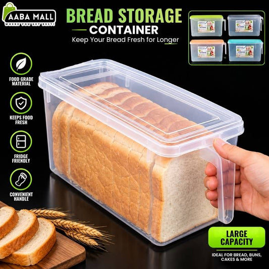 bread storage container with handle for storing bread, buns, cakes and other bakery items in the refrigerator