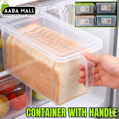 Transparent bread container with handle holding a loaf of bread in a refrigerator, branded 'AABA MALL NOVA'.