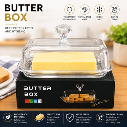Butter box with transparent lid and crystal knob for hygienic butter and cheese storage