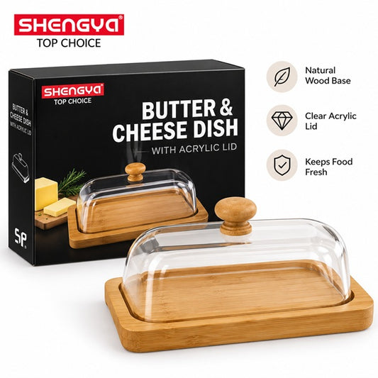 Butter dish and cheese serving tray with natural wooden base and clear acrylic lid