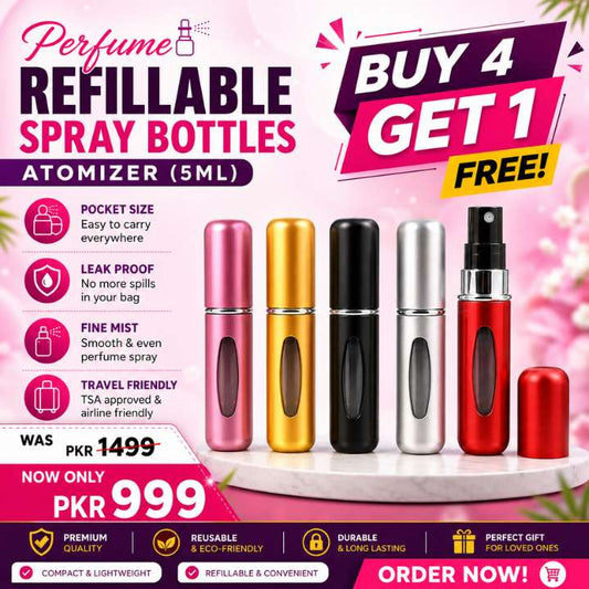 Buy 4 Get 1 Free refillable 5ml perfume spray bottles in multiple colors