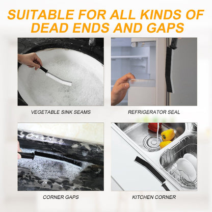 Set of two hard-bristled detail cleaning brushes with ergonomic handles, one being used to scrub white bathroom tile grout to show effectiveness.