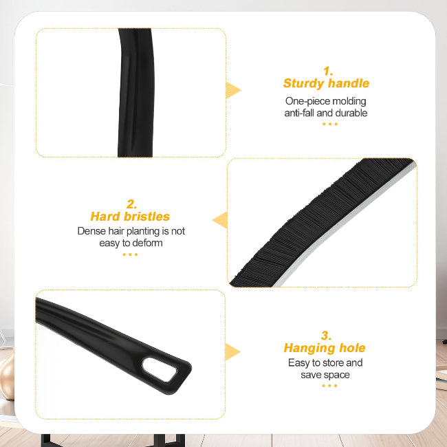 Set of two hard-bristled detail cleaning brushes with ergonomic handles, one being used to scrub white bathroom tile grout to show effectiveness.