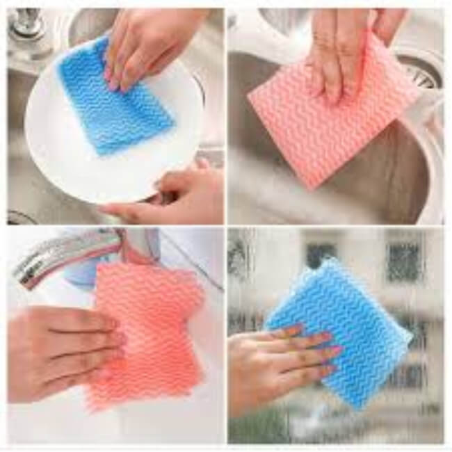 Collage of hands using blue and pink sponges to clean dishes in a kitchen sink.