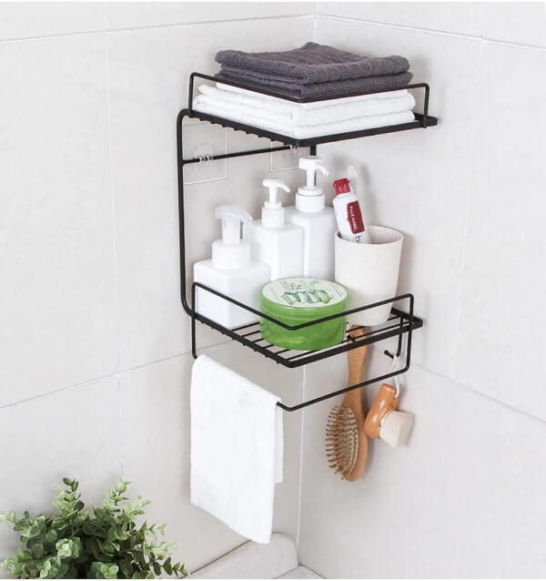 corner shelf, wall mounted storage rack, bathroom shelf, kitchen organizer, adhesive wall rack, no drill shelf, waterproof storage rack, bathroom accessories, space saving shelf