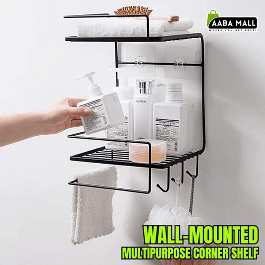 Wall-mounted multipurpose corner shelf with bathroom products and a hand holding a bottle.