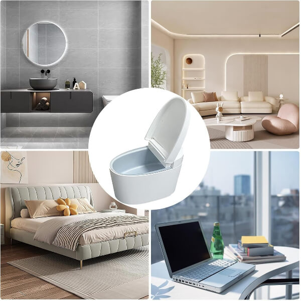 Collage of a modern bathroom, living room, bedroom, and office with a close-up of a toilet seat.