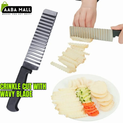 Crinkle cut wavy blade cutter, stainless steel kitchen tool for making French fry potatoes, chips, and decorative vegetable slices