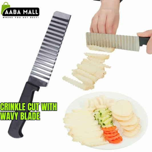 Crinkle cut wavy blade cutter, stainless steel kitchen tool for making French fry potatoes, chips, and decorative vegetable slices