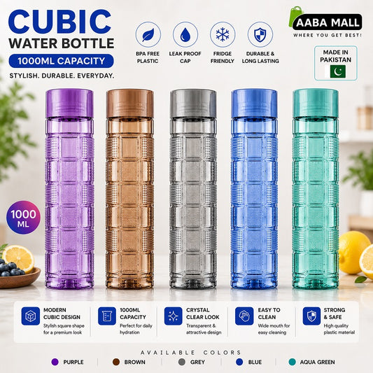 Cubic 1000ML water bottles in purple brown grey blue and aqua green colours with BPA-free and leakproof design