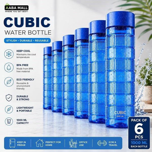 Cubic 1L blue water bottle for refrigerator drinking water and beverage storage