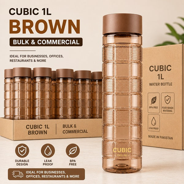 Cubic 1L brown water bottles for bulk and commercial supply