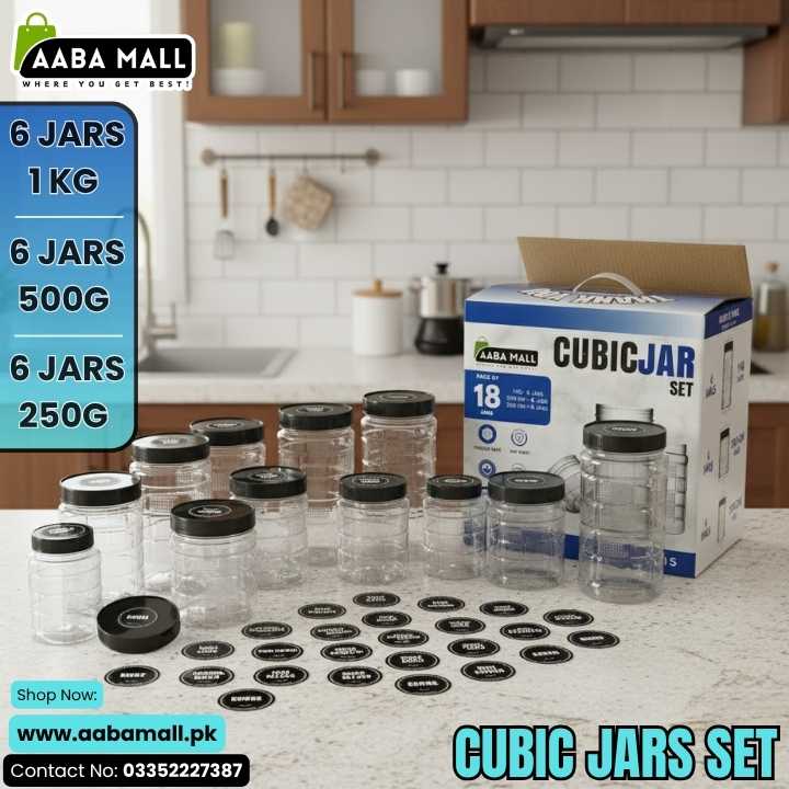 Cubic plastic spice storage jars with labels arranged on a kitchen counter for organized masalay and spice storage